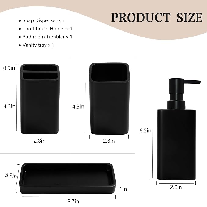 YMXYJM Bathroom Accessories Set, 4 Piece Toothbrush Holder Set, Matte Black | Bathroom Accessory Set with Soap Dispenser, Toothbrush Holder, Tumbler, Vanity Tray, Bathroom Sink Set for Modern Home Decor