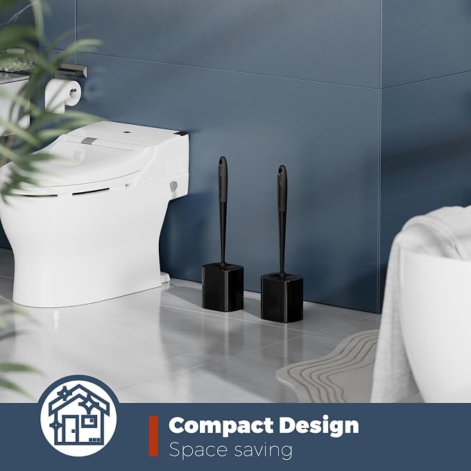 Holaloha Toilet Brush and Holder Set, Space Saving, 2 Pack, Black | Bathroom Accessories, Ergonomic Silicone Handle, Dense Bristles, Deep Cleaning, Scrubber, Compact Design