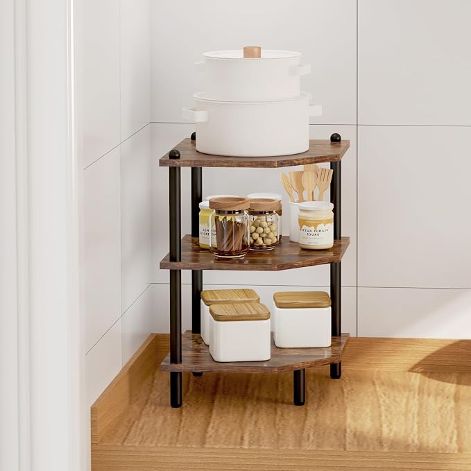 Corner Shelf Stand for Desk - 90° Corner Design to Free Up Desktop | Easy to Assemble 3-Tier Vertical Storage 15 lb Per Shelf 6.7 in Clearance for Books Coffee Mugs Supplies on Office Desks