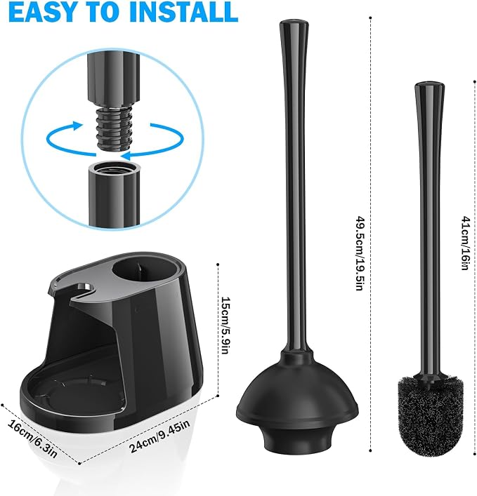 Toilet Plunger and Brush Set, Bowl Brush and Heavy Duty Toilet Plunger with Ventilated Holder, 2-in-1 Toilet Brush and Plunger Combo for Bathroom Deeply Cleaning(Black)