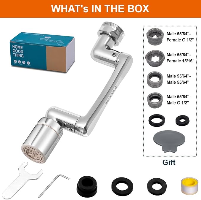 Spurtar 1440° Sink Faucet Aerator Extension Swivel Faucet Extender, 2 Sprayer Modes Rotatable Bathroom Kitchen Head Replacement Tap Attachment with Filter for G 1/2", 55/64",15/16"