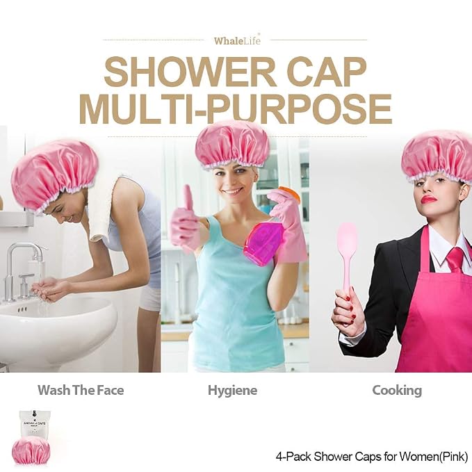 Shower Caps Satin Lined Waterproof for Women Men - 4Pc Pink | Double Layer 100 Percent Dry Jumbo Oversized Fits Thick Hair Smooth Lining Prevents Hair Frizz Snug Elastic Band No Pressure