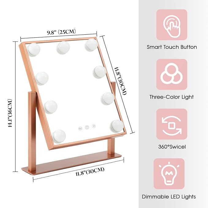 BWLLNI Lighted Makeup Mirror, Rose Vanity Mirror with Lights,9 LED Bulbs | Hollywood Mirror Touch Control Design 3 Colors Dimmable Bulbs Detachable 10X Magnification 360°Rotation