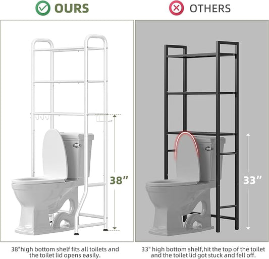 Simple Trending Over The Toilet Storage Rack, Metal 3 Tier Bathroom Organizer Shelf with Paper Holder and 3 Hooks, Freestanding Shelf Space Saver Above Toilet, White