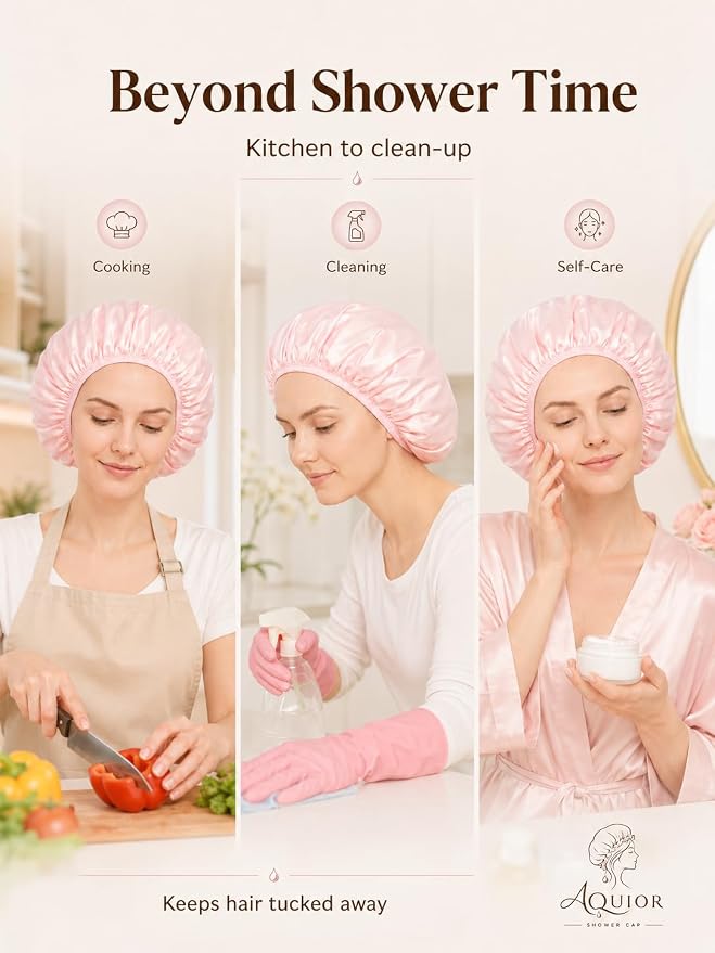 Aquior Shower Cap,Triple Layer Shower Cap for Women, Reusable Waterproof Bath Cap,Silky Satin Outer Layer Terry Lining, Extra Large for Women Long Hair(Pink)