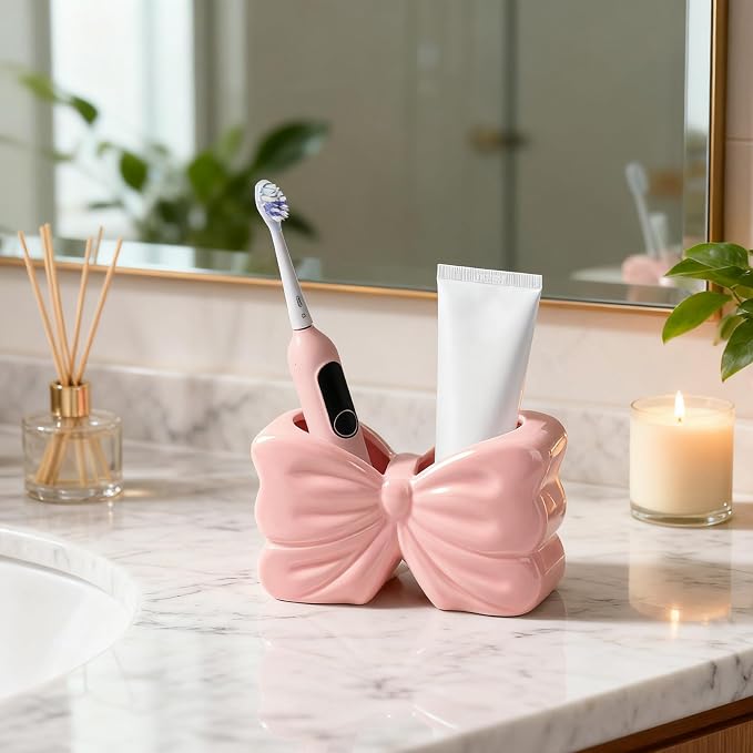 Bow Toothbrush Holder, 2-Slot Toothbrush and Toothpaste Holder Cute Toothbrush Holder Set, Bathroom Counter Organizer for Bathroom,Electric Toothbrushes, Floss, Razors - Pink