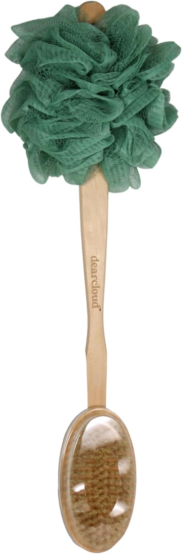 dearcloud Loofah Brush – Long Handle Shower Scrubber (Sage) | 2-in-1 loofah + brush head · long handle for back & body · Sage colorway
