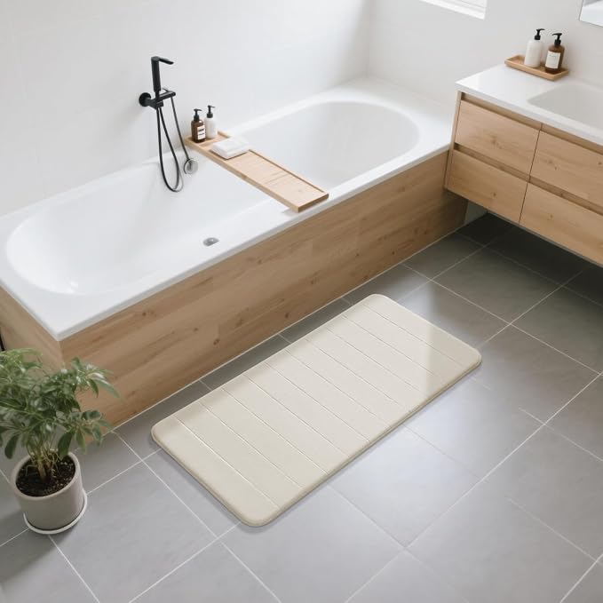 Yimobra Long Bath Mat 44"x24", Super Soft Quick Dry Memory Foam Bathroom Rug, Water Absorbent, Non Slip Backing Machine Washable for Tub Shower, Thick Comfort Support, Cream
