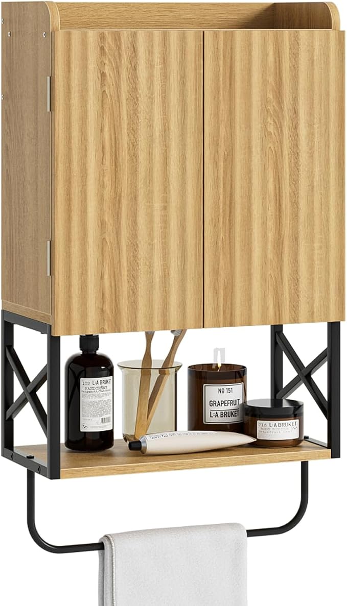 Masupu Bathroom Cabinet Wall Mounted, Wooden Medicine Cupboard with Adjustable Shelves, Space-Saving Wall Storage Unit for Bathroom, Kitchen and Living Room (9" D x 15.35" W x 27.16" H,Modern Oak)