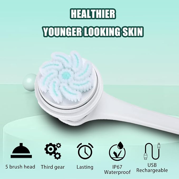Electric Body Brush for Shower Rechargeable IP67 Waterproof Back Scrubber with 5 Heads 3 Modes Long Handle Spin Brush for Exfoliating Deep Cleaning Back Face Foot