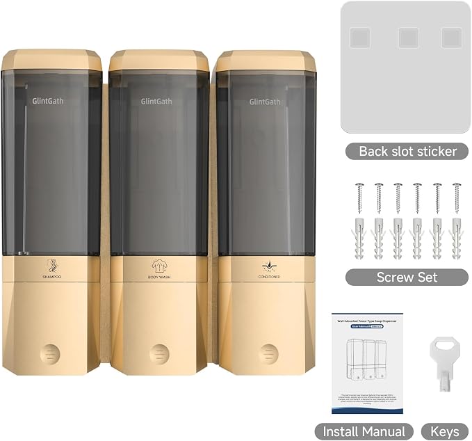 Shampoo and Conditioner Dispenser,Shower Dispenser 3 Chamber No Drill Shampoo Dispenser for Shower Wall Mounted Shower Soap Dispenser for Bathroom Hotel,Large Capacity 3 * 500ML,Gold