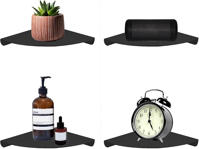 Small Floating Corner Shelves Metal Corner Wall Mounted Shelf Curved Corner Hanging Shelving for Bathroom, Kitchen, Living Room, Office, Bedroom & Dorm (Black 1 pcs)