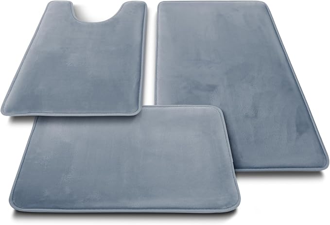 Clara Clark 3 Piece Bathroom Rugs, Velvet Memory Foam Bath Mat Set, Non-Slip Bath Rugs, Machine Wash, Dries Quickly, Ultra Soft Plush Bath Mats for Bathroom, 17 x 24/20 x 32 / Contour, Stone Blue