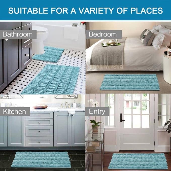 H.VERSAILTEX Bathroom Rugs Bath Rug Set 2 Piece Bathroom Contour Rug Toilet Mat Sets Non Slip Contour Bath Rug Ultra Thick Water Absorbent Striped Bath Mats(36" x 24" Plus 20" x 24" U, Aqua Haze)