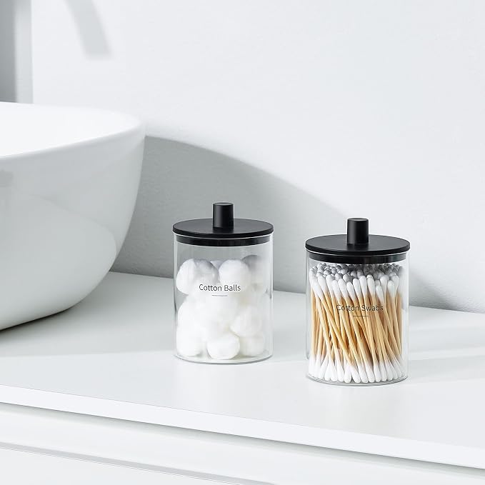 Glass Qtip Holder Dispenser - 10 oz Clear Canister Apothecary Jar, Bathroom Vanity Storage Organizer Set for Cotton Swabs, Pads, Floss Picks, Small Containers for Makeup Storage (2 Pack, Black)