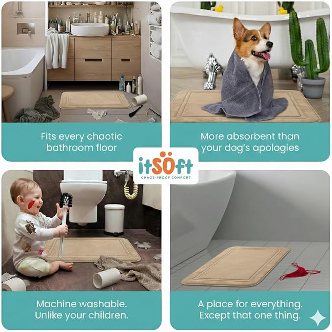 ITSOFT Memory Foam Bath Mat 59x23, Non Slip, Machine Washable, Quick Dry & Absorbent Rugs, Bath Mats for Bathroom Floor, Tub & Shower, Bathroom Rug, Beige