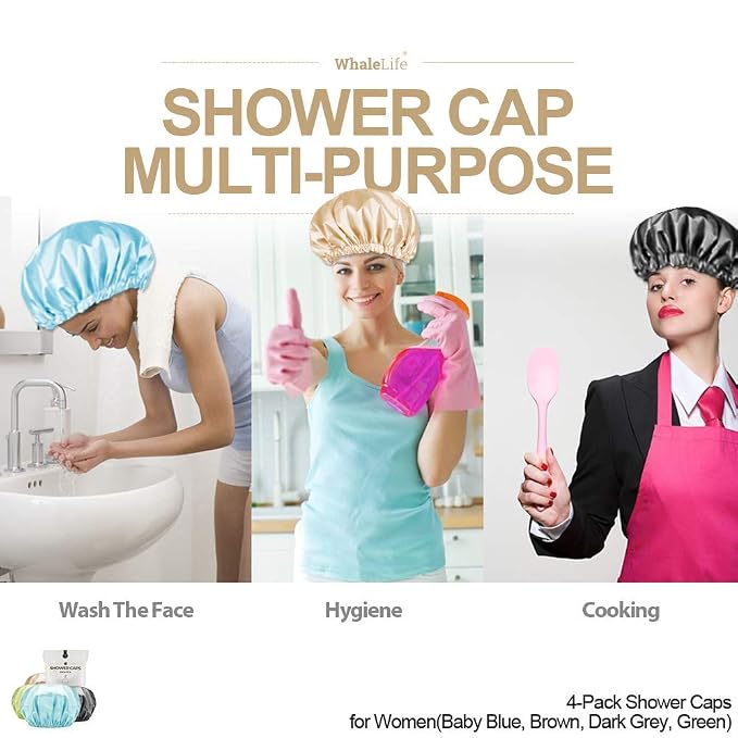 Shower Caps Satin Lined Waterproof for Women Men 4Pc Bright Mixed Colors | Double Layer 100 Percent Dry Jumbo Oversized Fits Thick Hair Smooth Lining Prevents Hair Frizz Snug Elastic Band No Pressure