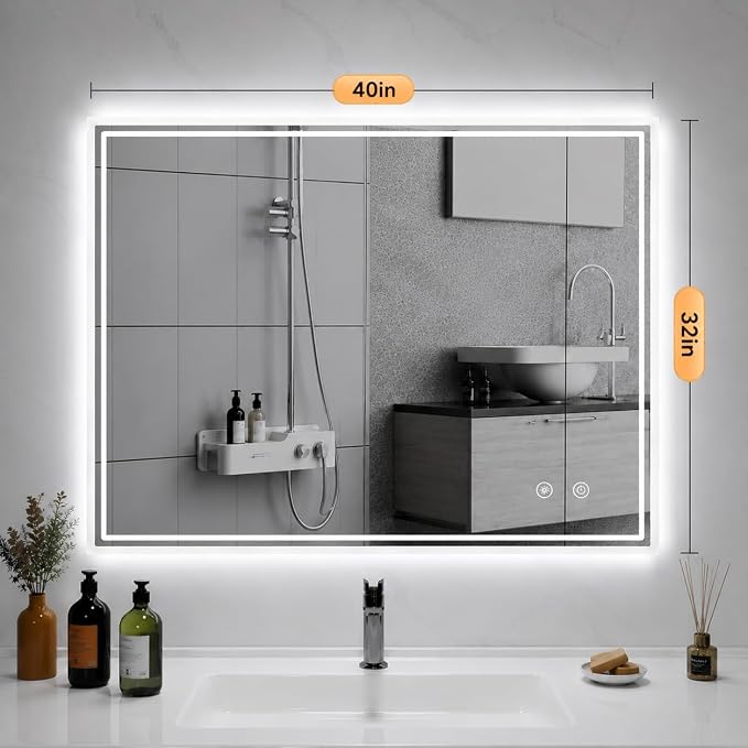 LED Mirror for Bathroom, 32"x40" Lighted Vanity Mirror with Anti-Fog, IP44 Waterproof, 3 Colors Dimmable, Backlit, Memory Function, Touch Control Wall Mount Bathroom Mirror, Horizontal/Vertical