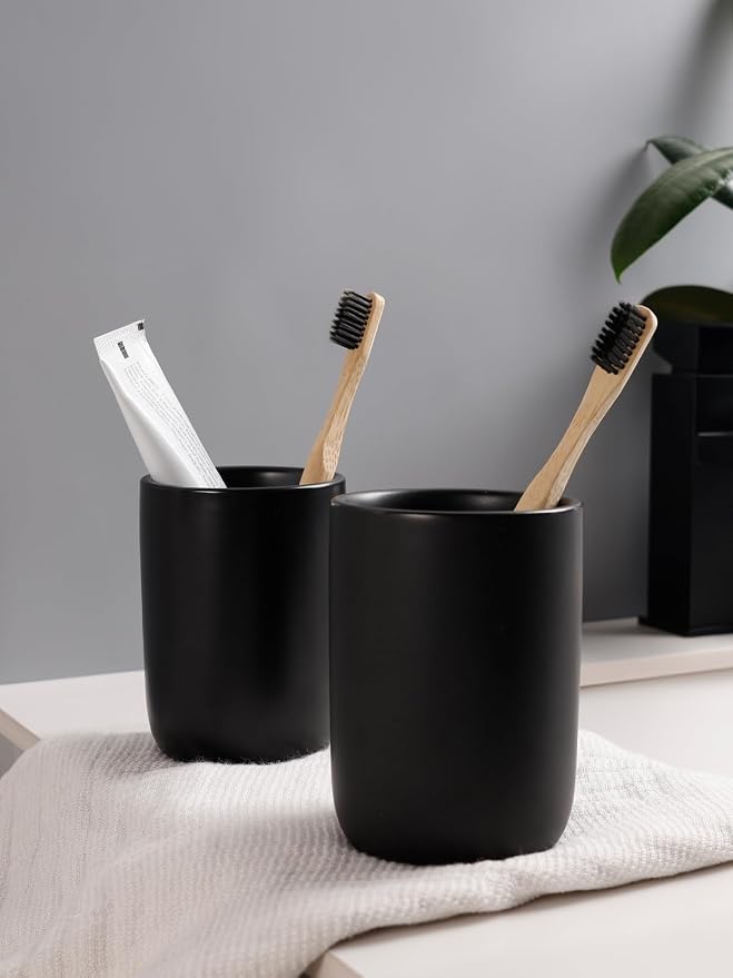 Bosilunlife Soap Dispenser and Toothbrush Holder Set - 11Oz Foam Soap Dispenser Pump Ceramic Bathroom Counter Soap Toothbrush Holder Set Black Bathroom Accessories Set