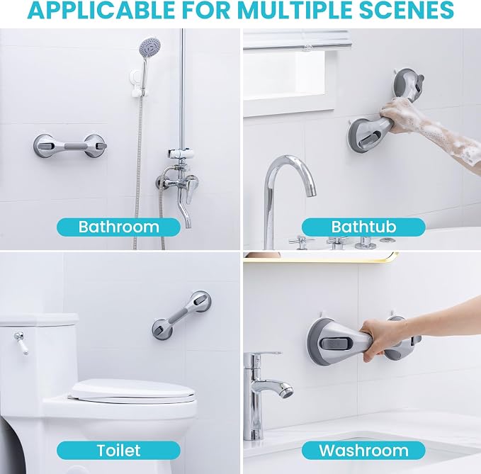 TAILI Shower Grab Bar, 12 Inch Shower Handle for Bathtubs and Elderly, Suction Grab Bars for Seniors Bathroom Safety Handles for Elderly, No Drilling Removable, Silver,G9