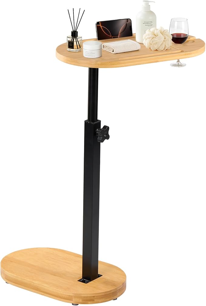 Bamboo Bathtub Side Table, 360° Swivel Height Adjustable Freestanding Bath Caddy Tray Organizer with 5 Storage, Luxury Home Spa Bathroom Essential (Natural)