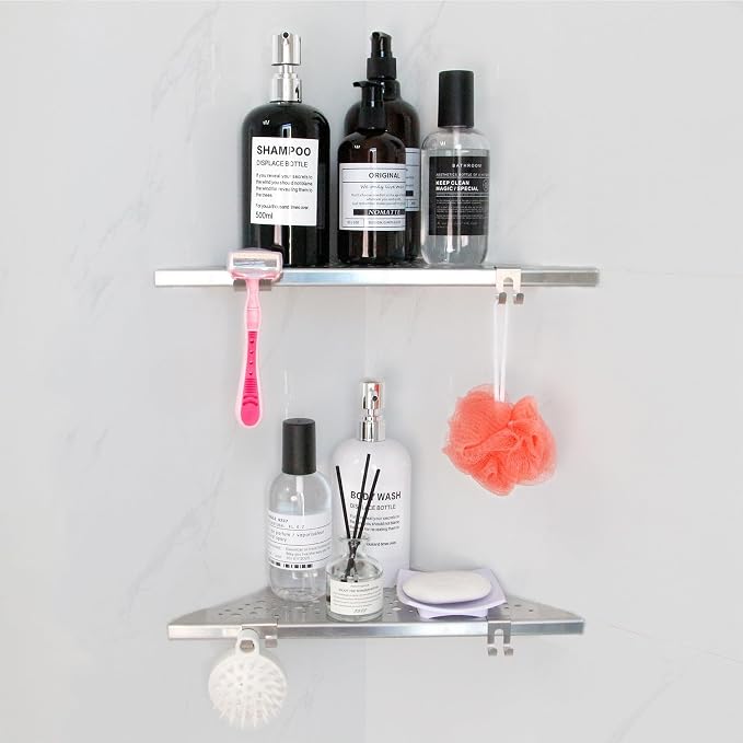 WELLUP Shower Corner Shelf with 4 Hooks,No-Drill 10" Brushed Nickel 304 Stainless Steel Recessed Shelves for Bathroom Tile Walls,2-Pack