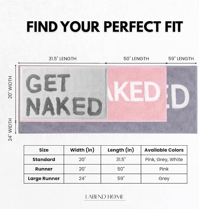 LABEND HOME Get Naked Bath Mat 20" x 31.5” - Funny Bathroom Rug, Plush Microfiber Non-Slip Backing, Machine Washable Quick-Dry Bath Decor - Pink