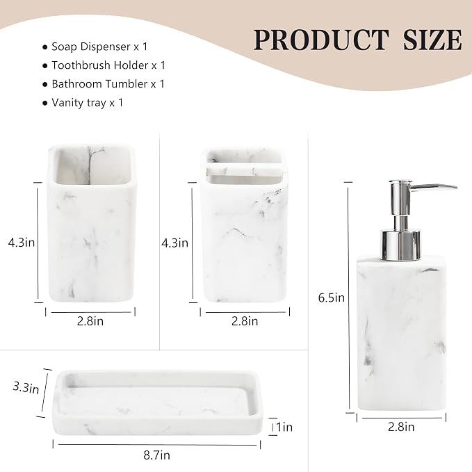 YMXYJM Bathroom Accessories Set, 4 Piece Toothbrush Holder Set Marble White | Bathroom Accessory Set with Soap Dispenser, Toothbrush Holder, Tumbler, Vanity Tray, Bathroom Sink Set for Modern Home Decor