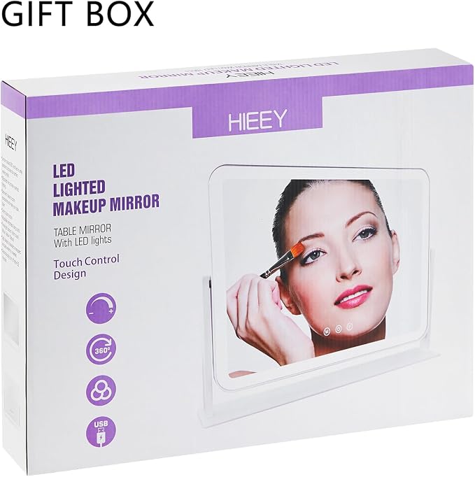 HIEEY Vanity Mirror with Lights, 17.4" x 13.5" Lighted Makeup Mirror, Three Color Lighting Modes, and 5X Magnification Mirror, Smart Touch Control, 360°Rotation (White,Gift Box)