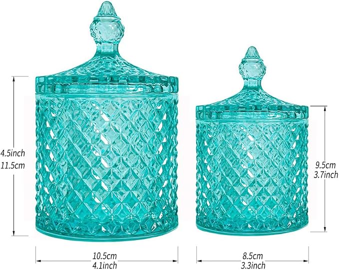 2 Pack Glass Qtip Holder, Apothecary Jars with Lids Bathroom Storage | Green (10+24oz), Storage for Cotton Swabs, Balls, Pads, Floss Pick, Makeup, Candy & Jewelry, Vanity Organizer for Bathroom