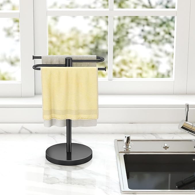 Bethom Hand Towel Holder for Bathroom Countertop, Weighted Base, Black | Stainless Steel 15.2 Inch Hand Towel Stand, S-Shape Towel Racks Holds 2 Towels