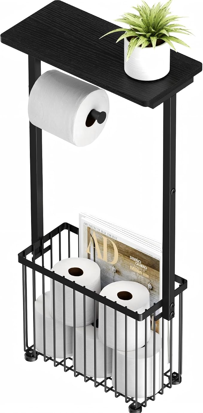 Free Standing Toilet Paper Holder with Storage Shelf – Bathroom Tissue Stand with Space for Phone, Wet Wipes and Magazines – All-in-One Toilet Roll Dispenser and Organizer Holds 4-6 Rolls