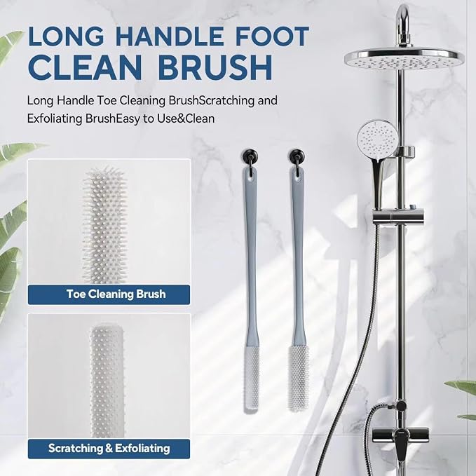 2Pack Toe Cleaning Brush,15.7" Silicone Foot Scrubber in Shower with Long Handle Cleaning Bath Foot Brush for shower Gentle Foot Exfoliating Lotion Applicator for Seniors,Elderly, Men and Women (Grey)
