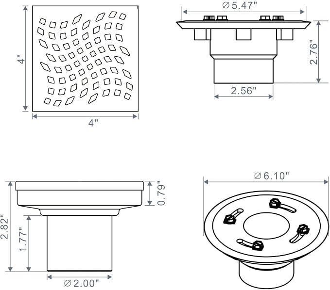 Matte Black Shower Drain with Flange, HIDROP SUS 304 Stainless Steel 4 inch Square Shower Floor Drain with Removable Hair Strainer