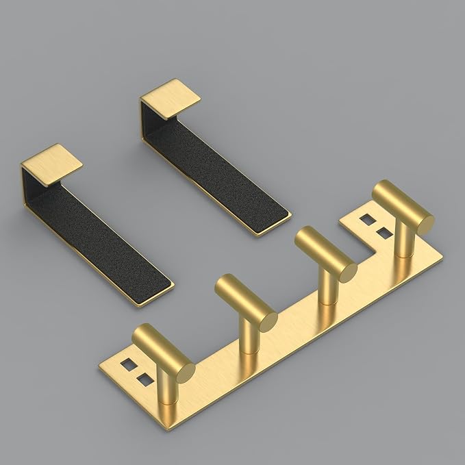 PMMASTO Over The Door Hooks, Fits 1-3/4" Thick Door No Drill Hooks for Closet Bathroom Bedroom Organization, Hanger for Coat Towel Robe (Gold, 4 T-Hooks)