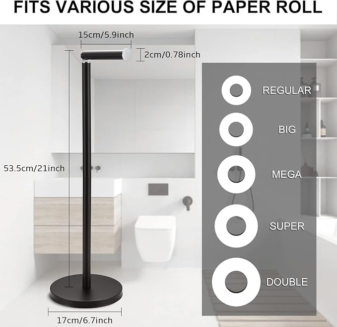 BGL Toilet Paper Holder Standing On Floor Black Matte, Tissue Holder On Floor with Reserve Storage Paper Rolls, Free-Standing Roll Paper Holder
