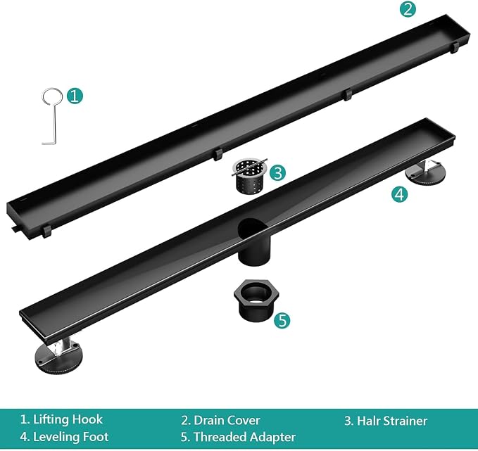 BARONAGE 32 Inch Linear Shower Drain, Rectangle Shower Floor Drain with 2-in-1 Flat & Tile Insert Cover, 304 Stainless Steel Bathroom Drains with Hair Catcher and Leveling Feet (Matte Black)