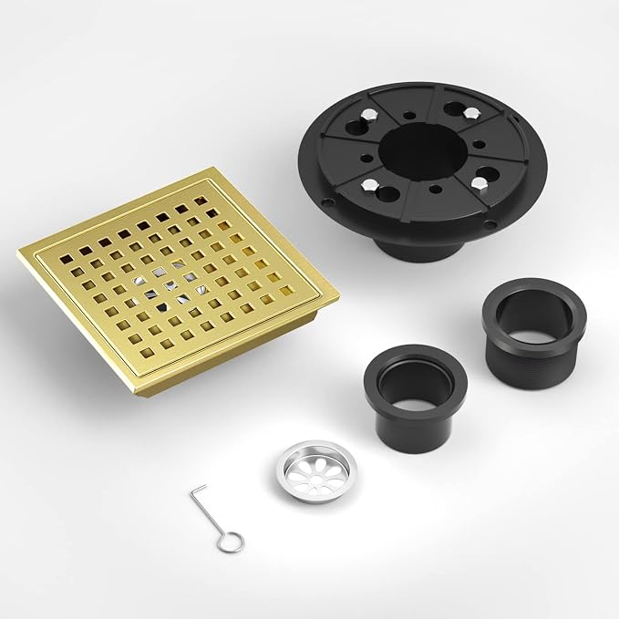 EXF Square Shower Drain Brushed Gold 6-Inch with ABS Flange, Hair Catcher | 304 Stainless Steel, Removable Grid Grate, Anti-Clog, Anti-Rust, Easy Clean, Adjustable Height