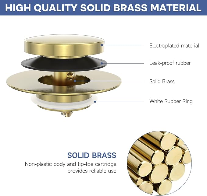 Brushed Gold Upgraded Tip Toe Tub Stopper, Universal Pop Up Bathtub Drains Plug, Bathroom Bath Tub Drain Stoppers, Replaces Lift and Turn, Tip-Toe and Trip Lever drains for Tub, Easy Install