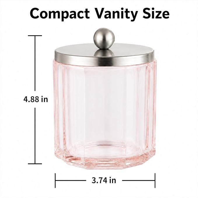 Blush Translucent Apothecary Octagional Shaped Glass Canister Jar With Metal Lid Cover for Bathroom Organization, Cotton Balls, Q Tips, and Small Accessories, Bathroom Storage