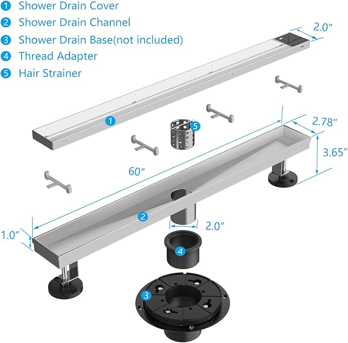 ZEKOO Linear Shower Drain 60 Inch, 2 in 1 Brushed Nickel Shower Drain, 304 Stainless Steel Shower Drains with Tile Insert Grate, Linear Drains