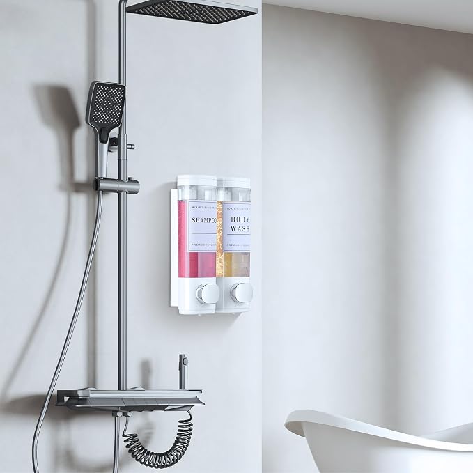 Shampoo and Conditioner Dispenser Bathroom Shower Soap Dispenser Wall Mounted Shampoo Dispenser for Shower Wall No Drill 2 * 300ml White 2 Chamber with Waterproof Labels Self