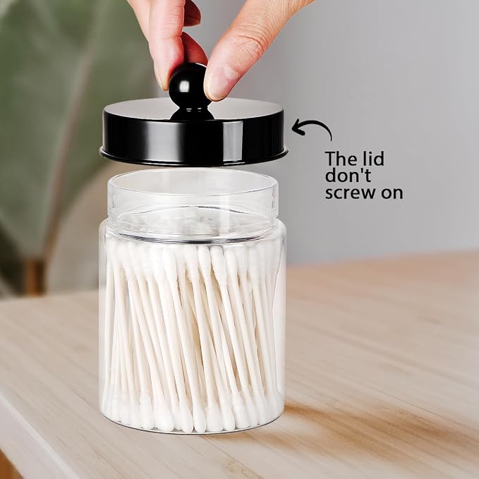 Amolliar Acrylic Apothecary Jar Bathroom Qtip Holder Black 4 Pack | for Bathroom Storage Vanity , Countertop, Farmhouse Style, Holds Cotton Swabs, Dental Floss, Makeup Sponges,Home Decor