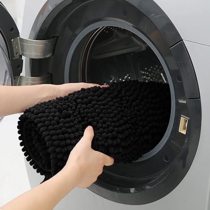 ACCUMTEK Extra Long Striped Black Bathroom Rug Mat 70"x24" Ultra Soft, Non Slip Chenille Bath Rugs, Absorbent Plush Shaggy Bath Mats for Bathroom, Bedroom, Kitchen, Shower, Tub
