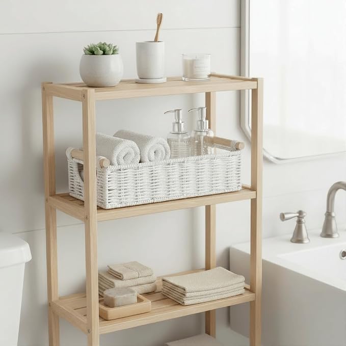 CubesLand Wicker Toilet Storage Basket Tray Organizer W/Cut Out Handle, Slim Decorative Basket for Countertop, Shelves And for Versatile Home Decor, Living Room, Nursery Organization, Cream