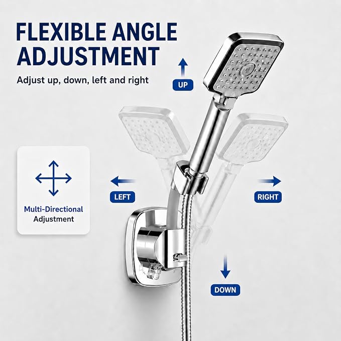 Chrome Suction Shower Head Holder, No Drill Handheld Shower Wand Bracket with Adjustable Angle Removable Vacuum Holder for Smooth Tile Glass Marble Metal Fits Standard 1/2" Hoses