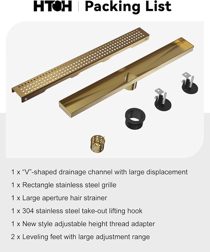 Linear Shower Drain, 42 Inch Titanium Gold Shower Drain with Removable Square Hole Cover Grate, Bathroom 304 Stainless Steel Brushed Gold Shower Floor Drain with Adjustable Feet,Hair Filter