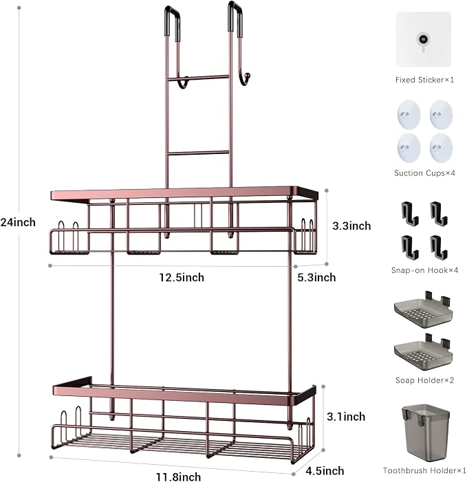 Over the Door Shower Caddy Hanging: No Drill Rustproof Shower Organizer | Includes Hooks & Soap Holders for Shampoo, Conditioner and Bathroom Essentials, Anti-Slip Design for Any Shower Room