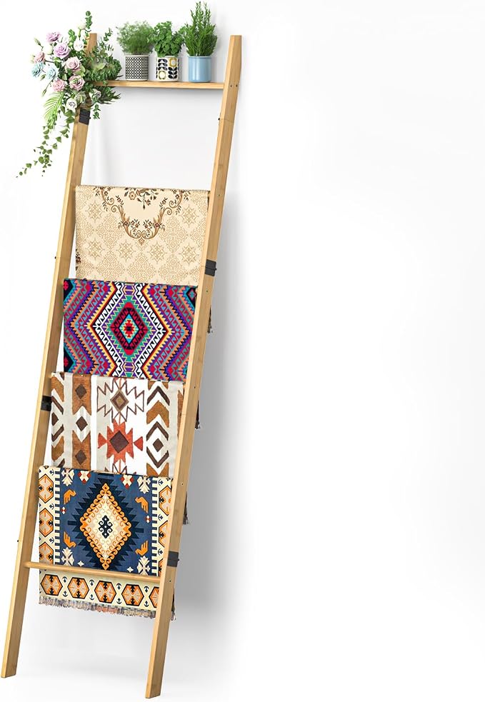 BAMBANG 6-Tier Blanket Ladder for Living Room, Blanket Quilt Ladder Rack Rustic Decorative Towel Holder, Wall Leaning Blanket Ladder Shelf Storage Farmhouse Decor for Bedroom Bathroom, Natural
