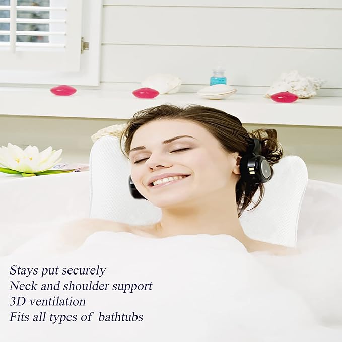 Bathtub Pillow, Non Slip, Breathable Soft, Comfortable Head Neck Support, Machine Washable, 2 Large Suction Cups (White)